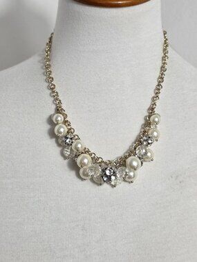 Vintage Bill Blass Gold-Tone Beaded Cluster Necklace Faux Pearls & Crystal Beads